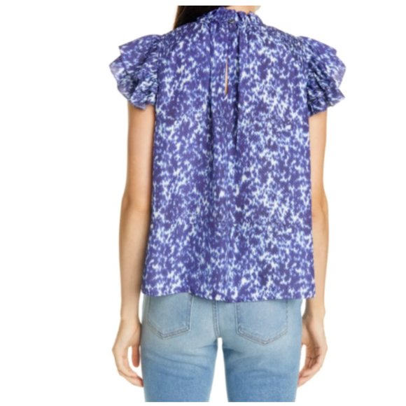 NWT Sea NY Celine Smocked Blouse Top Shirt Womens Small Blue White Sleeveless - Picture 2 of 15